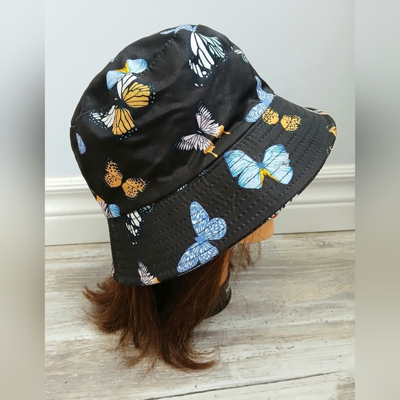 Source Unknown Accessories - Black Butterfly Print Women's Bucket Hat Cotton One Size